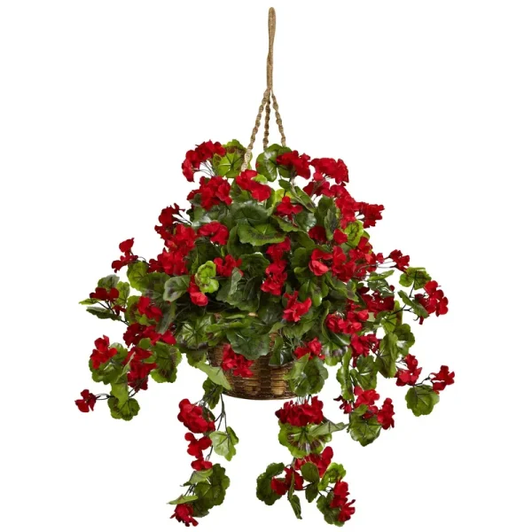 Nearly Natural Geranium Hanging Basket UV Resistant (Indoor/Outdoor) Red