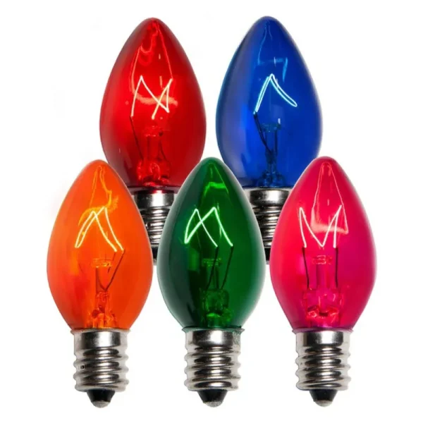 25 Bulbs - C7 Triple Dipped Transparent Multicolor, 5 Watt Lamp