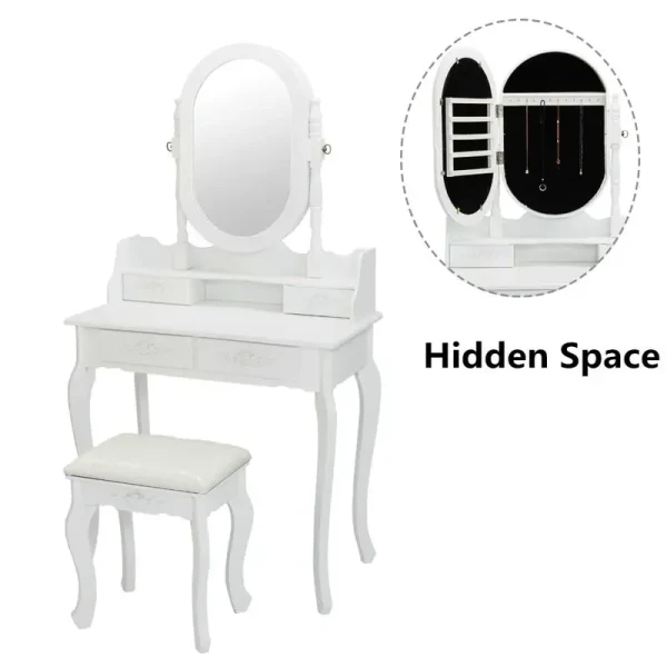 Ktaxon Vanity Jewelry Wooden Makeup Dressing Table Set W/Stool Mirror Cabinet &4 Drawer