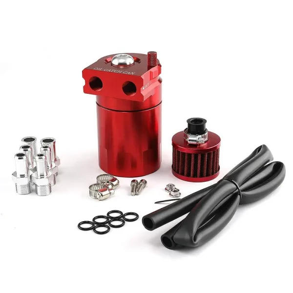 Top10 Racing Aluminum 350ml Oil Catch Can Tank Kit Polish Baffled Reservoir with Breather Filter&3/8" Fuel Line Universal (Red)