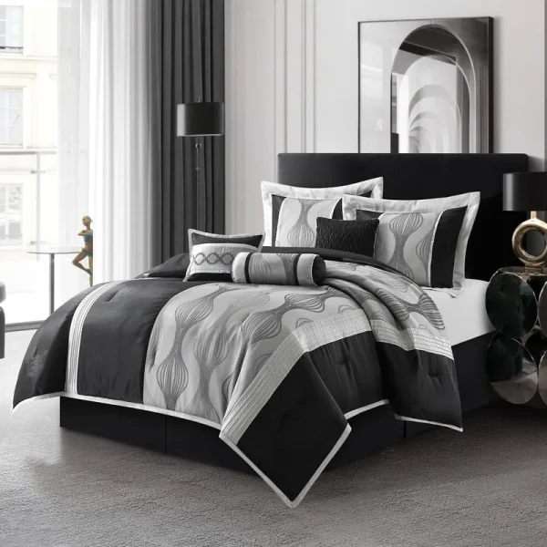 Kath 7-Piece Comforter Set, Black Silver, Abstract Moderna King
