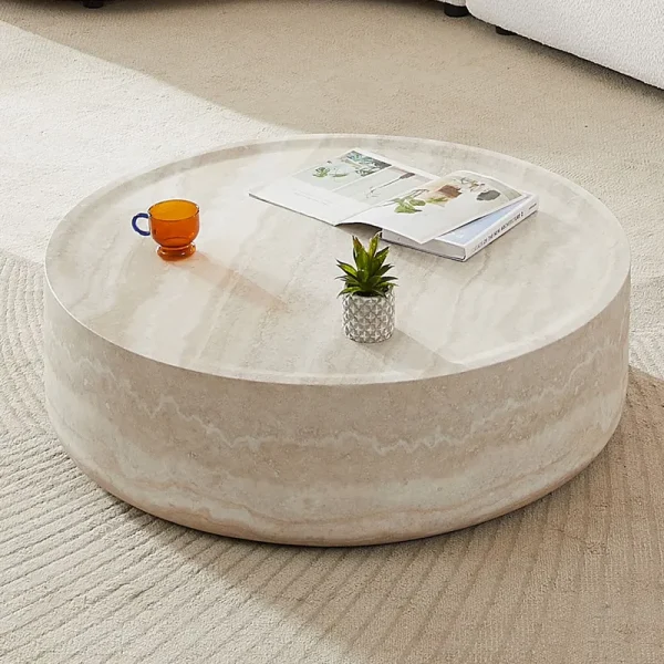 31.49'' Round Coffee Table with Marble Texture, Modern Low Drum Circle Fiberglass Coffee Table, Side Table Accent Table for Living Room, Outdoor, No Need Assembly, Marble