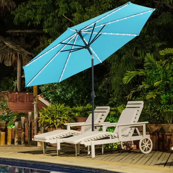 Autlaycil 10 FT Solar LED Lighted Patio Umbrella with LED Table Umbrella with 8 LED Strip Lights, Fade - Resistant & Waterproof for Garden, Backyard, Poolside, Push Button Tilt (Blue)