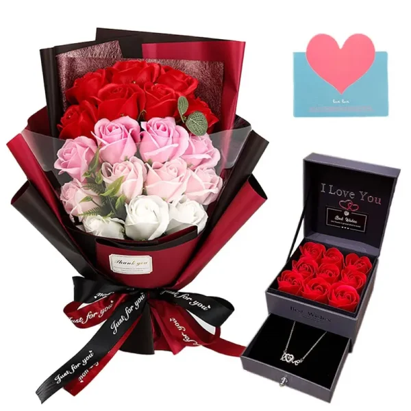 EIGHTOWN Roses Bouquet Fake Artificial Flower - Preserved Red Flowers with Love Necklace for Her - Unique Gifts Valentine's Day, Mother's Day,