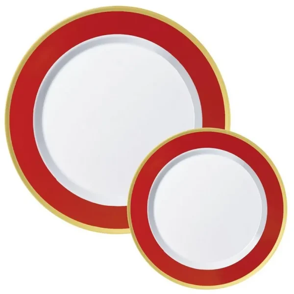 Round Premium Plastic Dinner (10.25in) Dessert (7.5in) Plates with Red