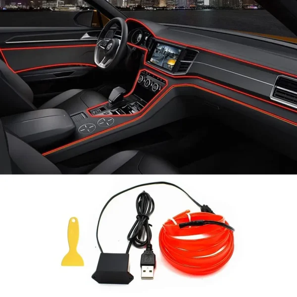 El Wire Interior Car LED Strip Lights, QVEVDACAR USB Neon Glowing Strobing Electroluminescent Wire Lights with 6mm Sewing Edge, Ambient Lighting Kits