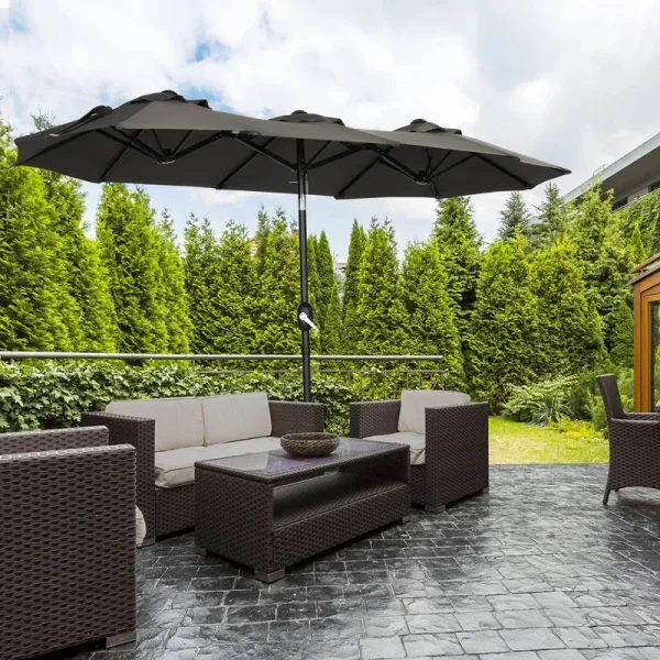 Outsunny Double-Sided Patio Umbrella 9.5' Large Outdoor Market Umbrella with Push Button Tilt and Crank, 3 Air Vents and 12 Ribs - Grey
