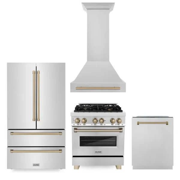 ZLINE 30" Autograph Edition Kitchen Package with Stainless Steel Dual Fuel Range, Range Hood, Dishwasher and Refrigeration with Champagne Bronze