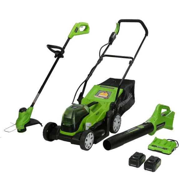 Greenworks 24 Volt Cordless 14 inch Mower, Blower & 10 inch Trimmer Combo Kit with 2 USB Batteries (2 x 24V)