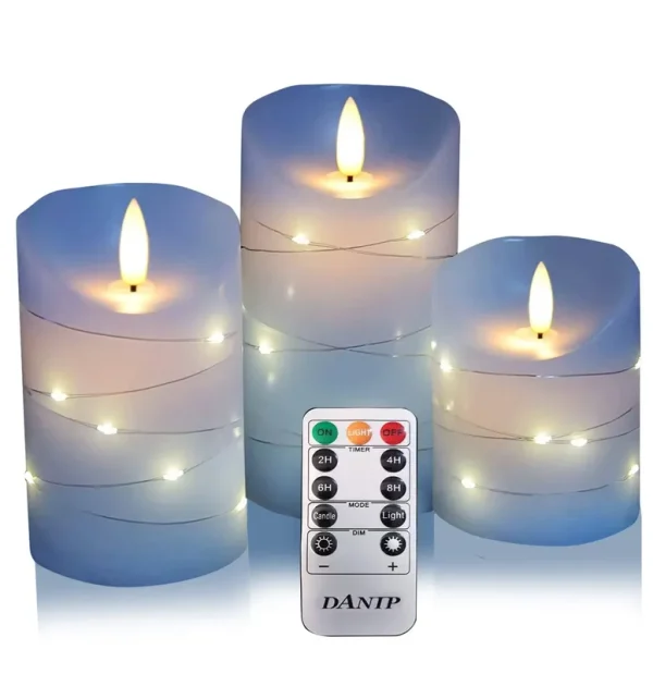 danip Sky Blue LED Flameless Candle with Embedded Starlight String, 3 LED Candles, 11 Key Remote Control, 24 Hour Timer Function, Dancing Flame, True