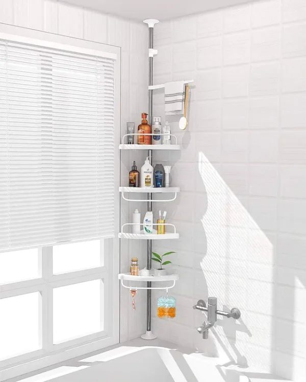Adovel 4 Layer Corner Shower Caddy, Adjustable Shower Shelf, Constant Tension Stainless Steel Pole Organizer, Rustproof 3.3 to 9.8ft