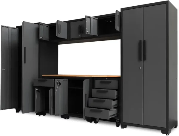 Big Red Garage Storage Cabinet Sets 9 Piece Tool Organizer Workshop Cabinets with Lockers, Shelves and Wood Workbench, 18.58"d x 75.98"w x 129.92"h H, Black/Grey