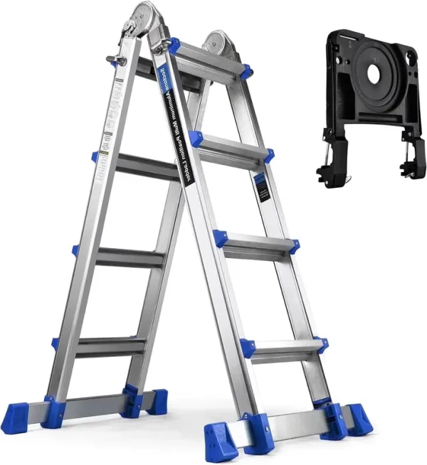 Hbtower Ladder, A Frame 4 Step Extension Ladder, 14 Ft Multi Position Ladder with Removable Tool Tray and Stabilizer Bar, 330 lb Capacity Telescoping Ladder for Household and Outdoor Work