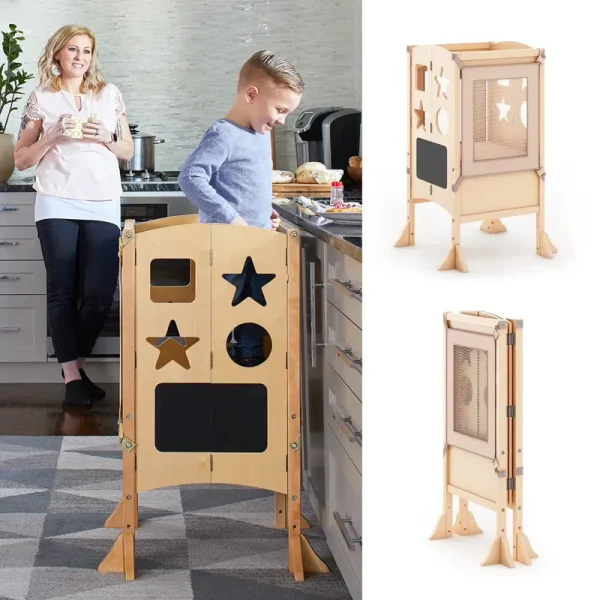 Guidecraft Classic Kitchen Helper Kids' Step Stool - Natural: Foldable and Adjustable Wooden Toddler Tower for Learning with Keeper