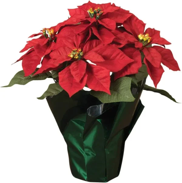 TenWaterloo 14" Potted Red Poinsettia Plant with 5 Flowers, Artificial Potted Poinsettia