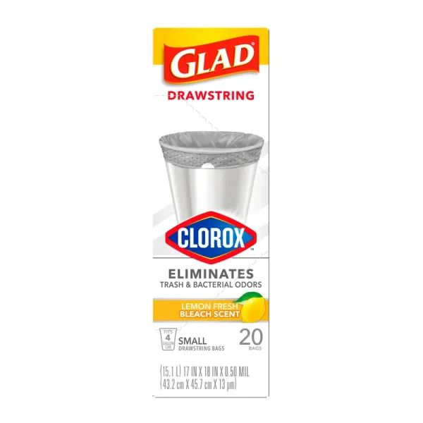 Glad Small Drawstring Trash Bags with Clorox, 4 Gallon, Lemon Fresh Bleach Scent - 20 ct