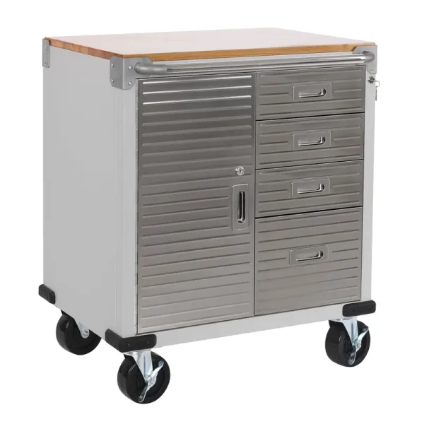 Seville Classics Ultrahd® Heavy Duty Rolling Cabinet Workbench Table W/ Solid Wood Top, Workstation for Garage, Office, Workshop, Granite, 1 - Door, 4 - Drawer (28" W x 25" D)