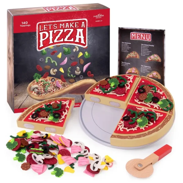 Make a Pizza - Pretend Food Playset with 4 Wooden Pie Slices. 140 Felt Toppings. Wood Roller. and 3-in-1 Cardboard Box Prep Station. Oven. & Serving Table - Cute Cooking Toys for Boys & Girls