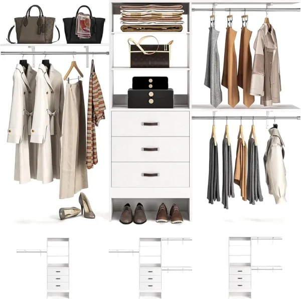 Homieasy 96 in Closet System, 8FT Walk in Closet Organizer with 3 Shelving Towers, Heavy Duty Clothes Rack with 3 Drawers, Built - in Garment Rack, 96" L x 16" W x 75" H, White