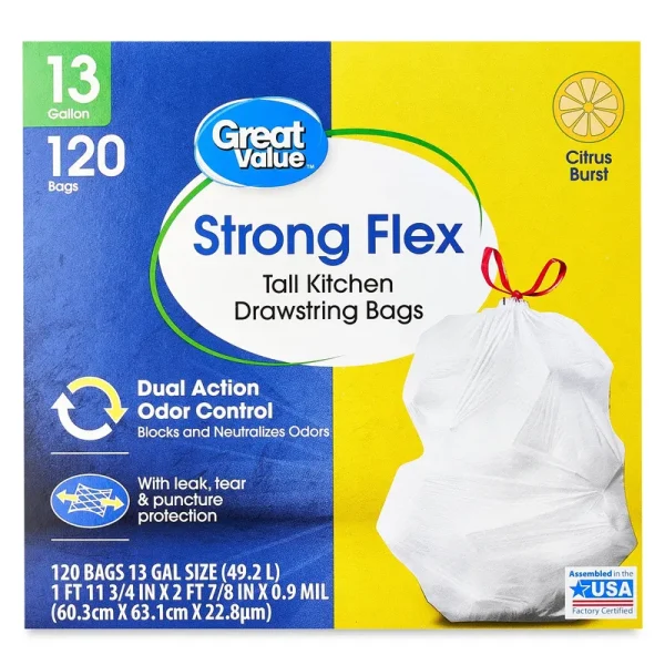 Great Value Strong Flex Tall Kitchen Drawstring Trash Bags, Citrus Burst, 13 Gallon, 120 Count
