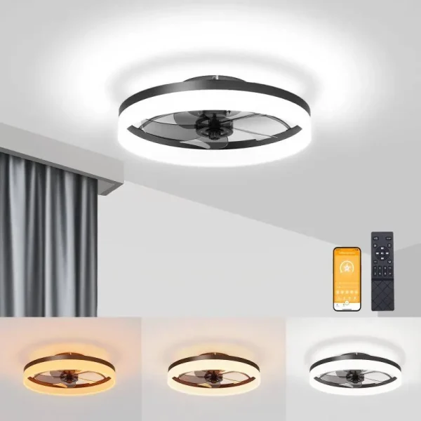 VOLISUN Low Profile Ceiling Fans with Lights and Remote, 19.7in Fandelier Ceiling Fan Flush Mount, 3000K-6500K Smart Bladeless LED Fan Light, White