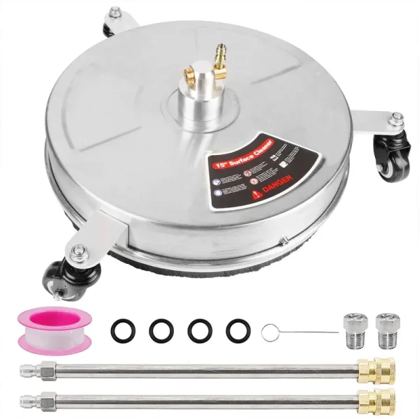 Biswing 15" Pressure Washer Stainless Steel Surface Cleaner with 3 Wheels & 1/4" Quick Connector, Power Washer Attachment with 2