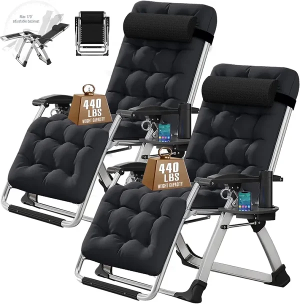 NAIZEA 2 Pack Zero Gravity Chair, Foldable Portable Lawn Recliner with Cushion, Headrest, Cup Holder, Black