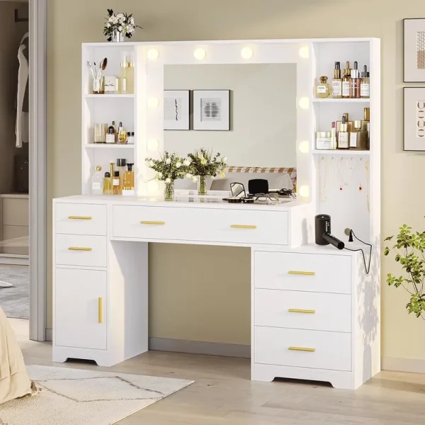 Aunfebrco White Vanity Desk Makeup Vanity Table with Mirror and Lights and Charging Station, Large Dressing Table with Storage Cabinet&6 Drawers&4 Storage Shelves for Bedroom