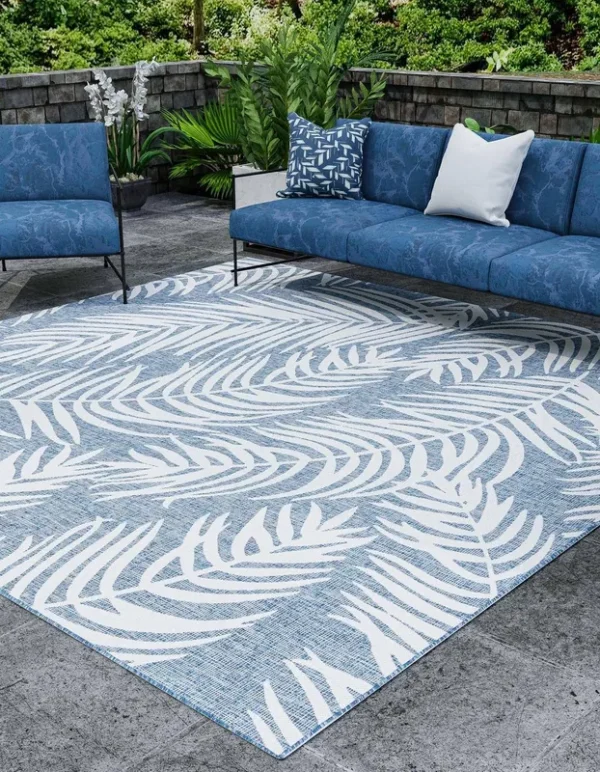 Outdoor Botanical 12 ft Square Blue Area Rug Indoor Outdoor Rug
