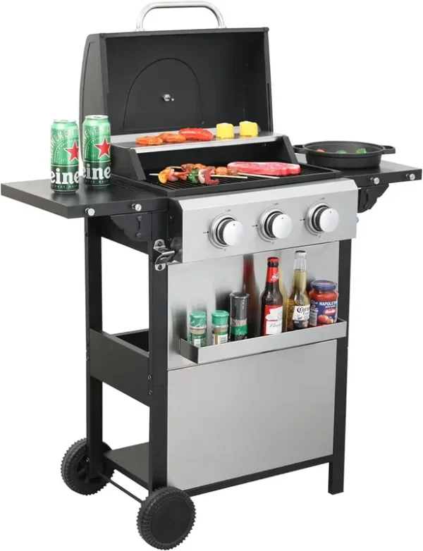 3 - Burner Propane Gas BBQ Grill with Thermometer & Wire Enamel Cooking Grids, 25, 650 BTU Output Stainless Steel Grill with Foldable Side Table for Outdoor Barbecue