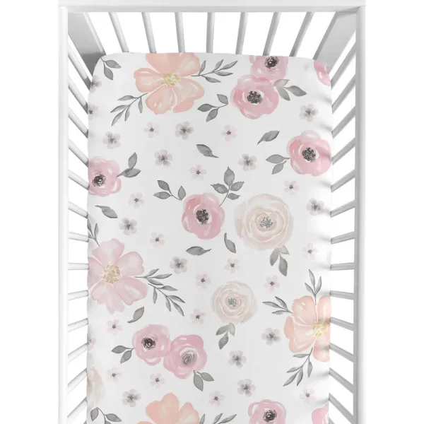 Sweet Jojo Designs Blush Pink, Grey and White Baby or Toddler Fitted Crib Sheet for Watercolor Floral Collection