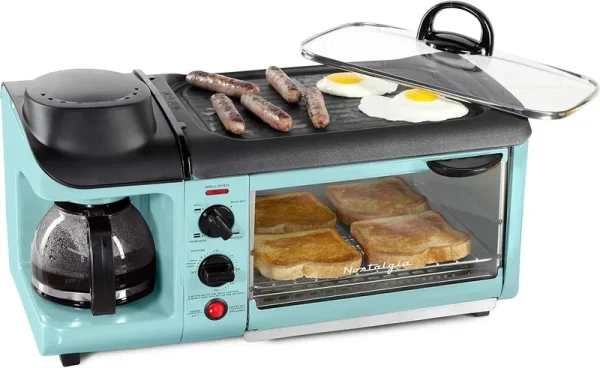 3 - in - 1 Breakfast Station - Includes Coffee Maker, Non - Stick Griddle, and 4 - Slice Toaster Oven - Versatile Breakfast Maker with Timer - Aqua