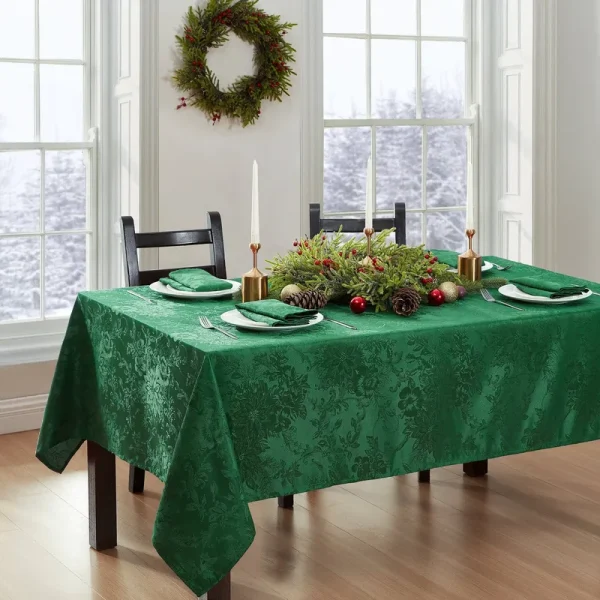 Elrene Poinsettia Elegance Jacquard Holiday Tablecloth - 60" x 84" Oblong - Green