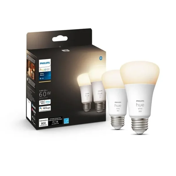 Philips Hue A19 Bluetooth Smart LED Bulb, 2-Pack, White