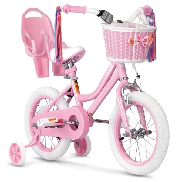 XJD Girls Bike for Toddlers 3 - 9 Years Old Kids, 14 in Kids Bike with Training Wheels, Streamers, Basket and Doll Seat, Children Bicycles with Handbrake