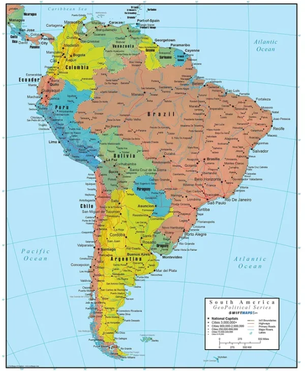 South America Wall Map GeoPolitical Edition (18x22 Laminated)  Swiftmaps