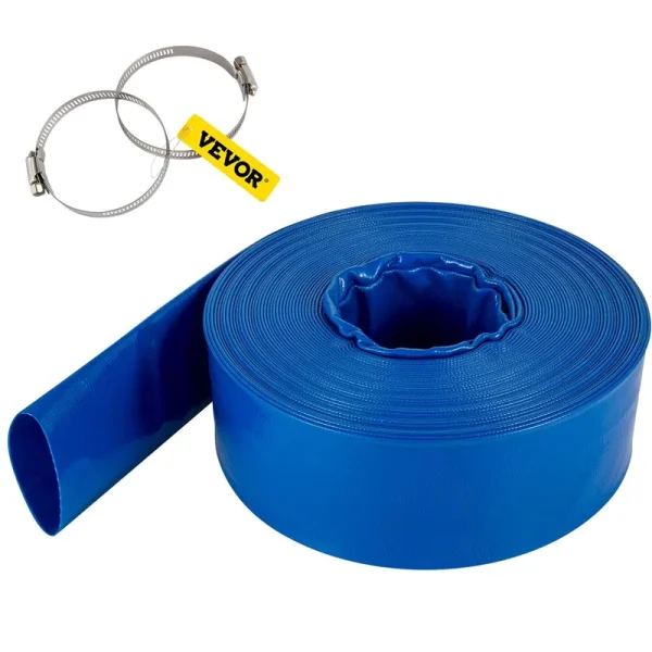 VEVOR Discharge Hose, 4 inch x 105', PVC Lay Flat Hose, Heavy Duty Backwash Drain Hose with Clamps, Weather-Proof & Burst-proof, Ideal for Swimming