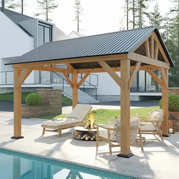 Jocisland 10x12 Ft Wood Gazebo, Hardtop Pergola with Metal Steel Gable for Garden, Porch, Pati