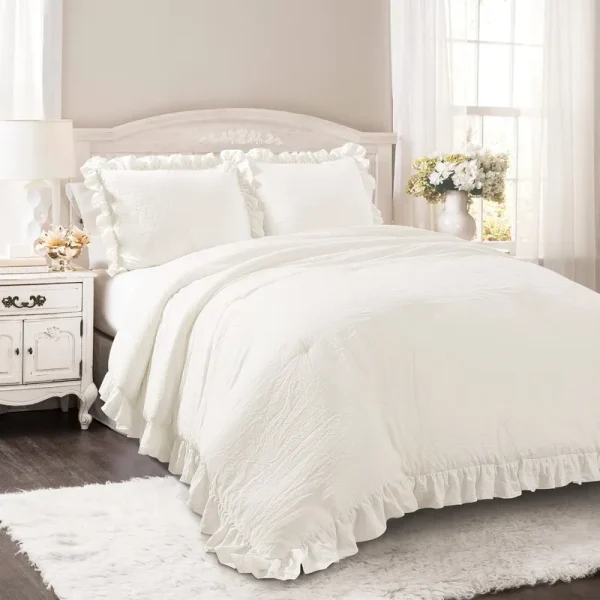 Lush Decor Reyna 3-Piece Ruffled Comforter Bedding Set with Pillow Shams, Twin XL, White
