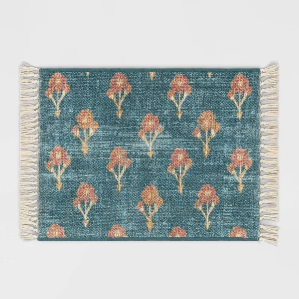 2'x3' Washable Floral Block Printed Accent Rug Blue - Threshold