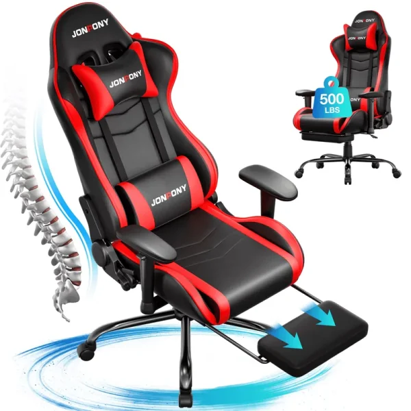 JONPONY Big and Tall 500 lb Gaming Chair, Ergonomic Design, Gamer Chair PU Leather with Footrest and Lumbar Support, High Back Office Chair Support 8 Hours Long Sitting, Computer Chair, Red