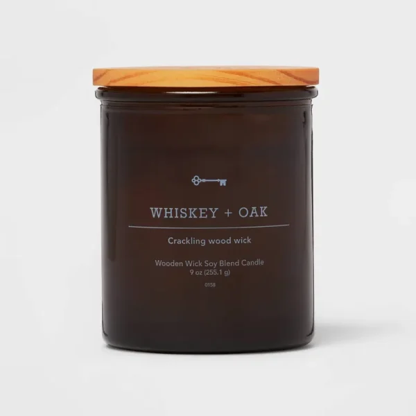 Amber Glass Whiskey + Oak Lidded Wood Wick Jar Candle 9oz - Threshold