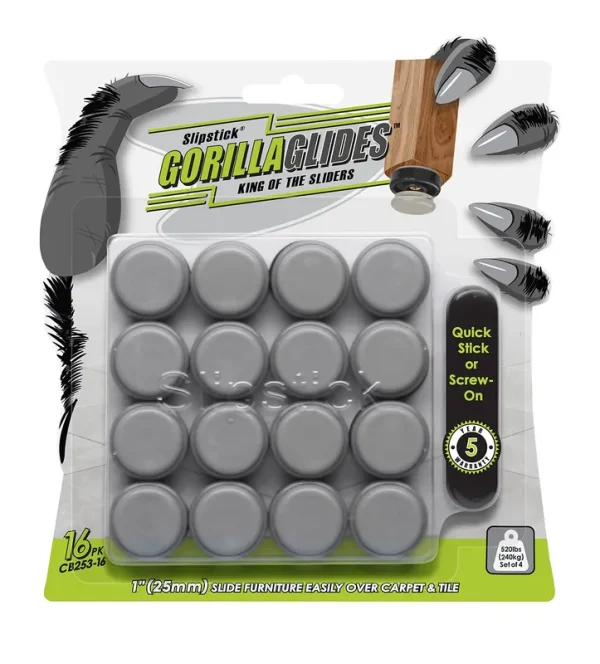 GorillaGlides 1 inch Chair Sliders/Floor Protectors (16 Furniture Glides) Screw-On or Self-Adhesive, for Sliding On Carpet & Hard Surface Floors,