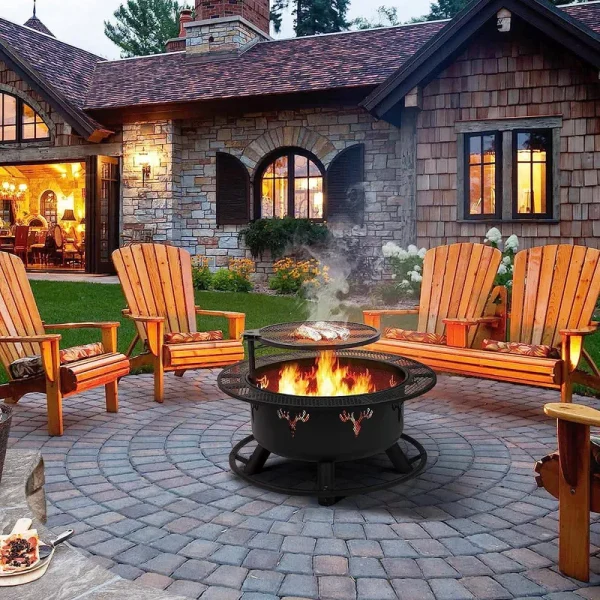 32in Fire Pit Outdoor Wood Burning Firepits Outdoor Fireplace with 18.5 inch Swivel Cooking Grill Grate and Poker Fire Bowl for Camping, Backyard, BBQ