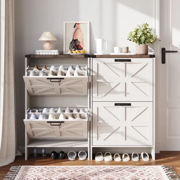 VEANERWOOD Shoes Storage Cabinet with Doors, Farmhouse Shoe Cabinet with 2 Flip Drawers for Entryway, Gray