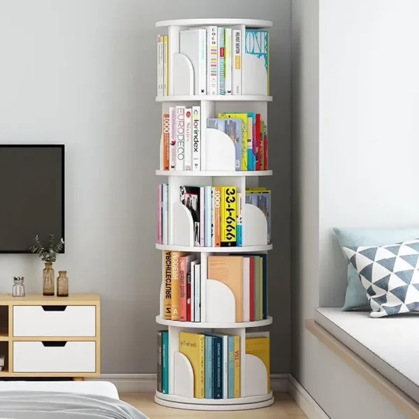 Bimiti 5 Tier Rotating Bookshelf, 360? Revolving Bookcase 20 Shelves Floor - Standing Storage Display Rack - White 63"x18"x18", Adult
