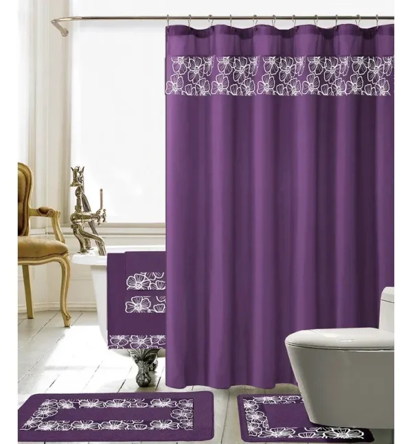 Latitude Run Sanches 18 Piece Embroidery Shower Curtain Set, Purple