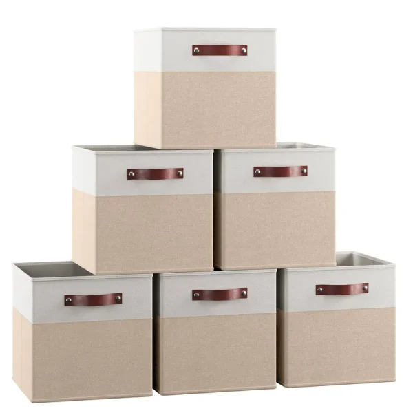 Ornavo Home Foldable Linen Storage Cube Bin with Leather Handles - Set of 6 - White, Khaki