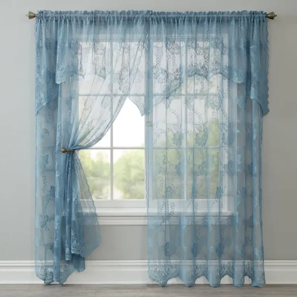 BrylaneHome Ella Floral Lace Panel with Attached Valance - 58I W 84I L, Blue