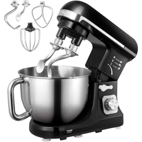 Aicok Stand Mixer with Double Hook, 6 Speeds, 5.5Qt Stainless Steel Bowl, Beater and Whisk Black